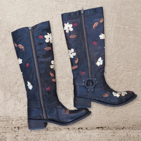 Vintage Dan Post Anise Flower Embroidered Western Harness Boots - Picture 4 of 8